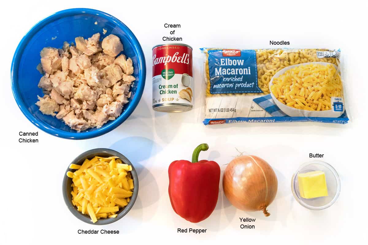 Ingredients for cheesy canned chicken noodle casserole.