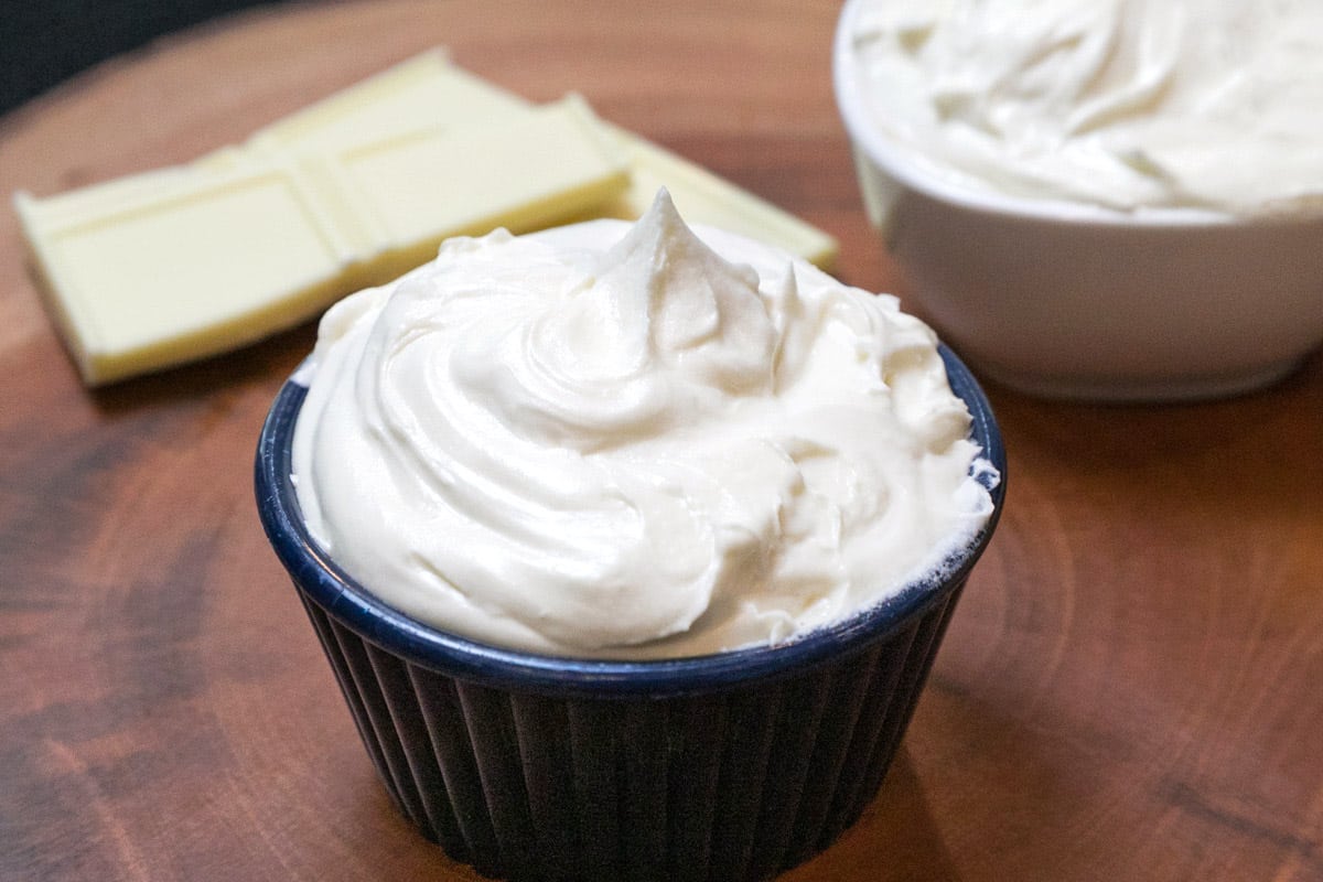 White chocolate buttercream frosting in a bowl.