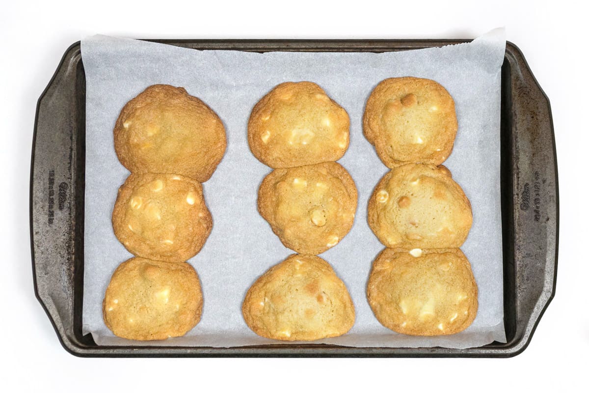 Baked white chocolate macadamia nut cookies on a cookie sheet.