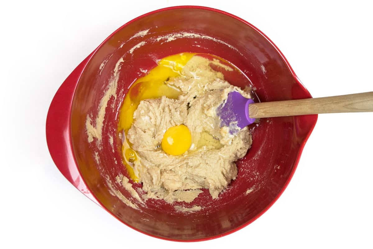 The eggs are mixed together with the softened butter, granulated sugar, and light brown sugar.