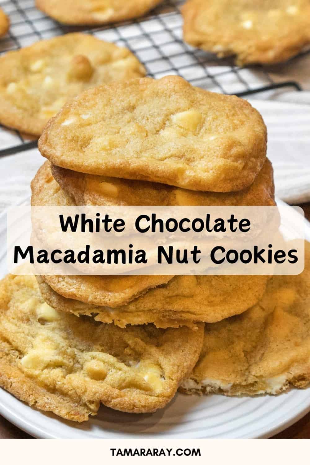 White chocolate macadamia nut cookies on a plate.