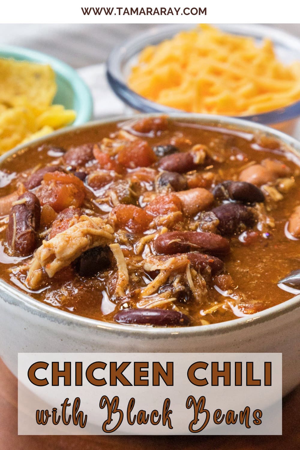 Chicken chili with black beans in a bowl.