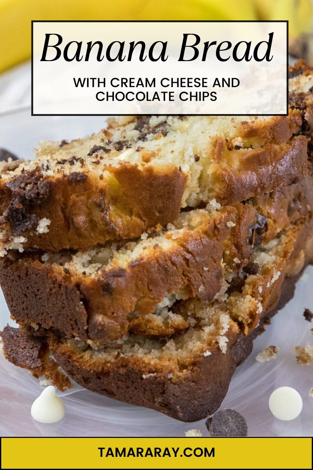 Photo of banana bread with cream cheese and chocolate chips for Pinterest .
