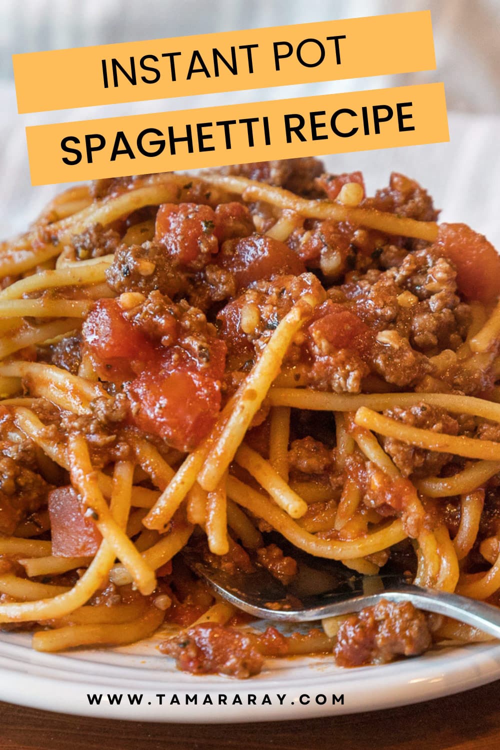 Pinterest image Instant Pot spaghetti with meat sauce on a plate.