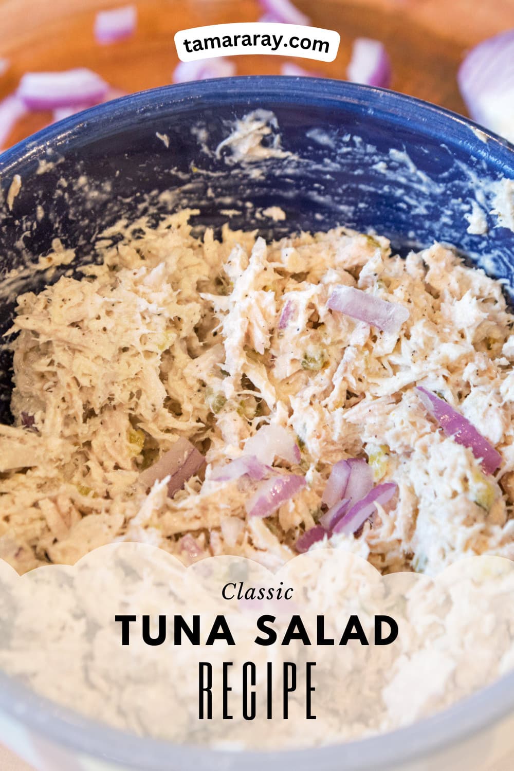 A close up shot of classic tuna salad recipe.