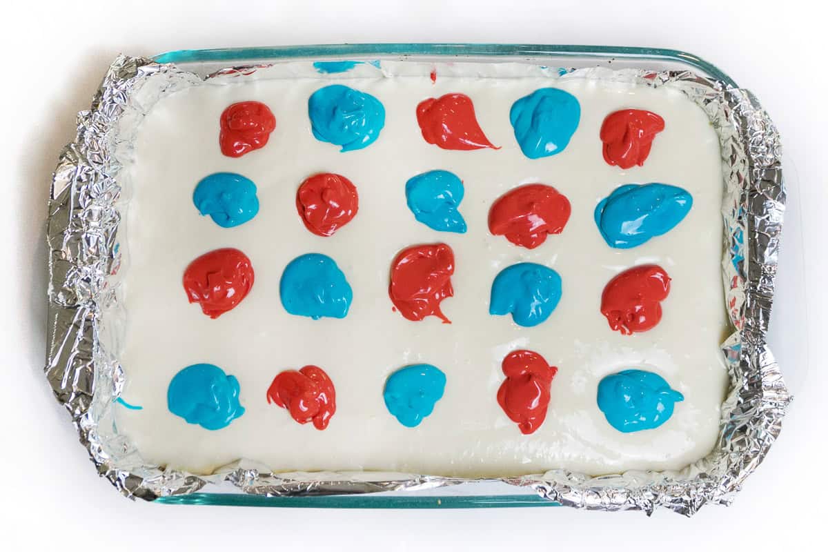 Unbaked 4th of July cheesecake bars.