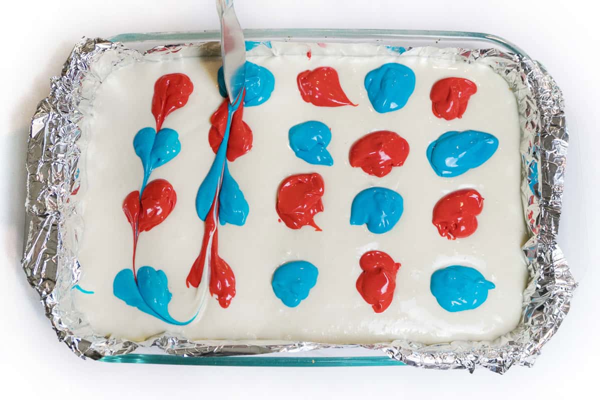 Unbaked 4th of July cheesecake bars.