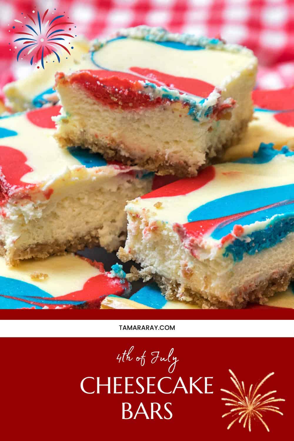 Close up shot of 4th of July cheesecake bars.