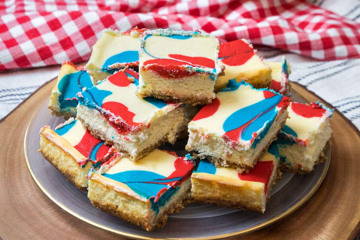 4th of July cheesecake bars on a plate.