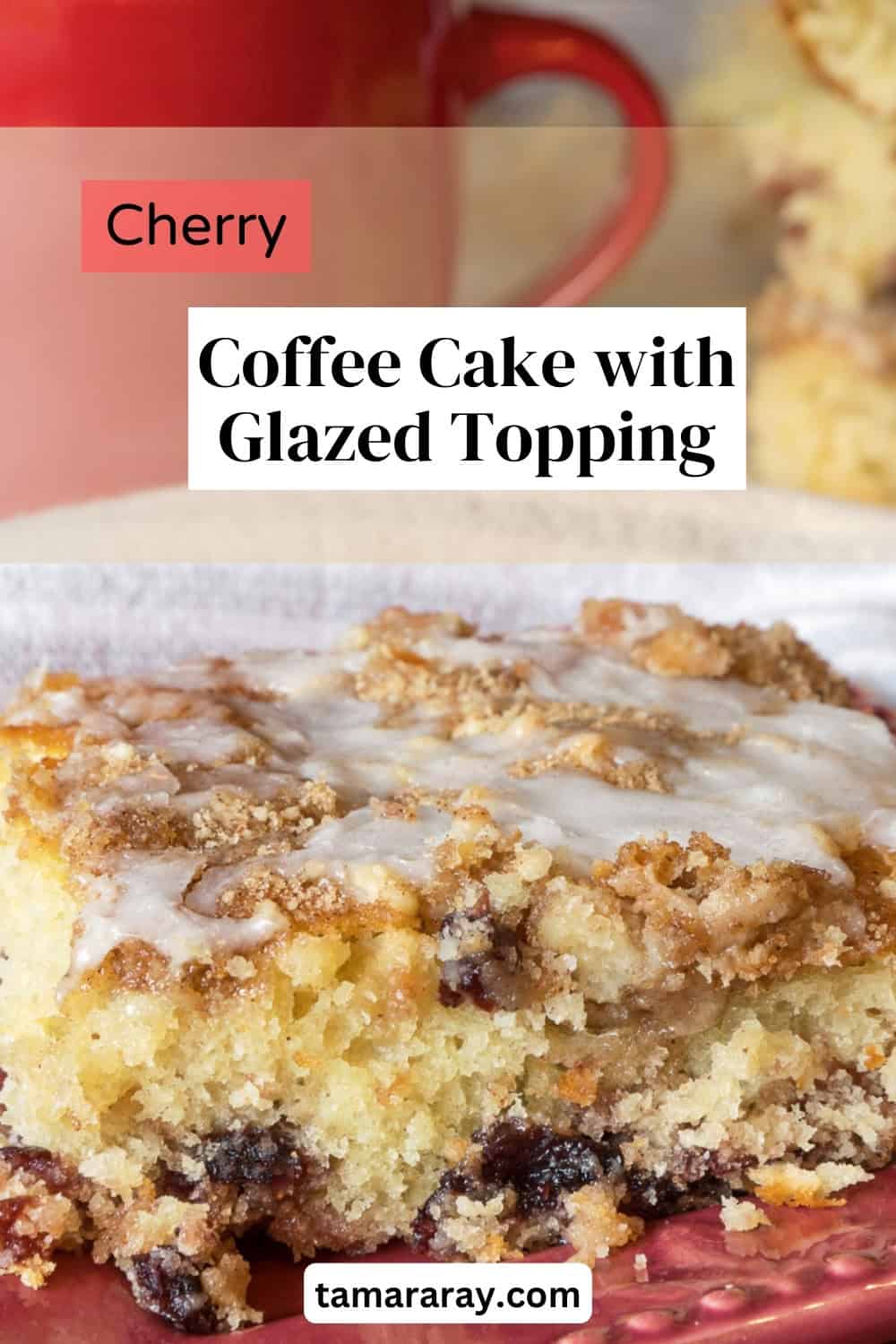 Cherry coffee cake with glaze topping.
