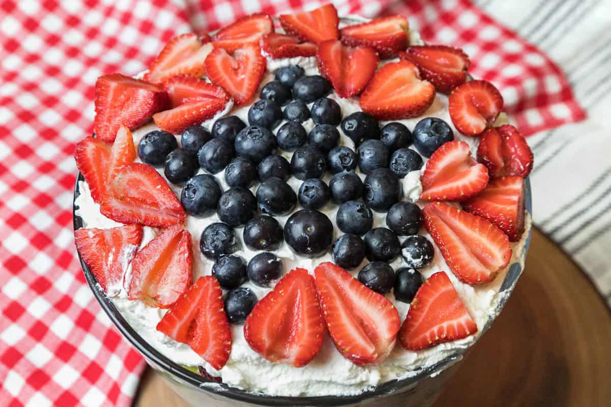 Patriotic 4th of July trifle dessert in a trifle bowl.