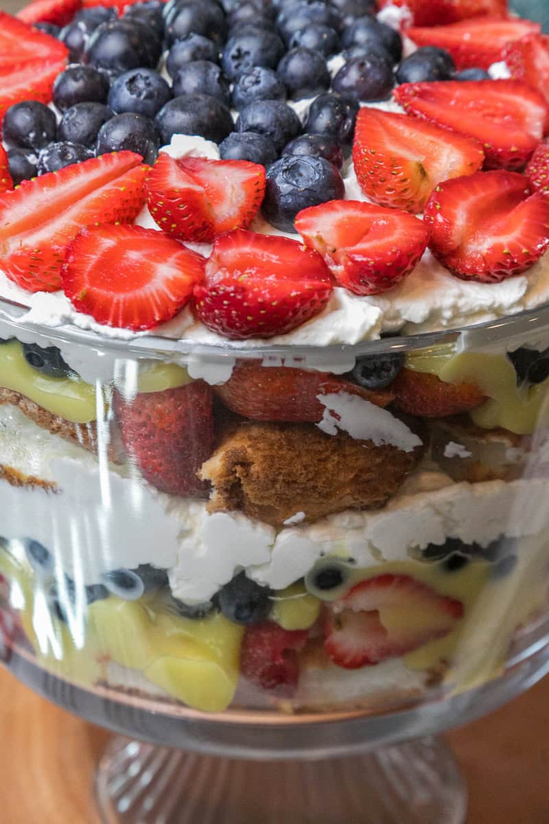 Patriotic 4th of July trifle dessert in a trifle bowl.