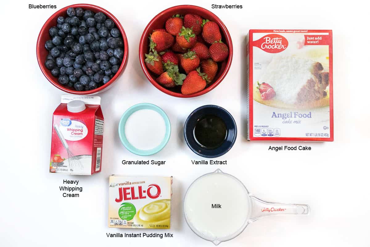 Ingredients for patriotic 4th of July trifle dessert.