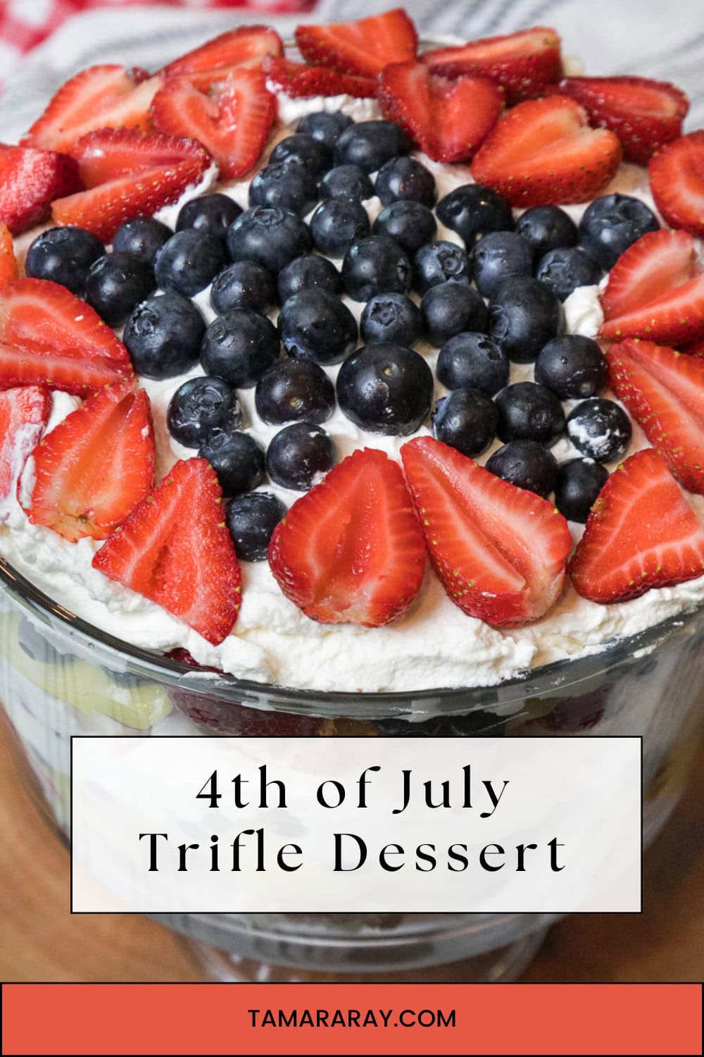 Patriotic 4th of July trifle dessert in a trifle bowl.