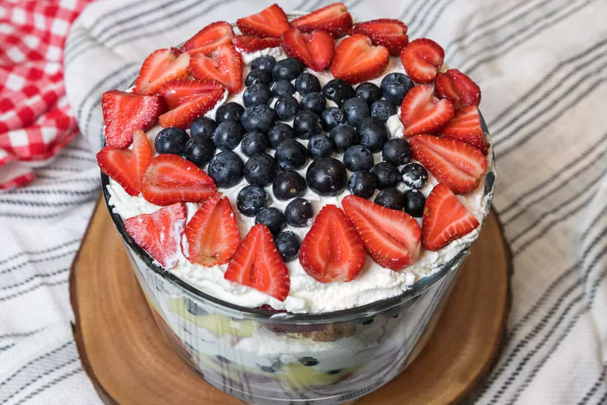 Patriotic 4th of July trifle dessert in a trifle bowl.