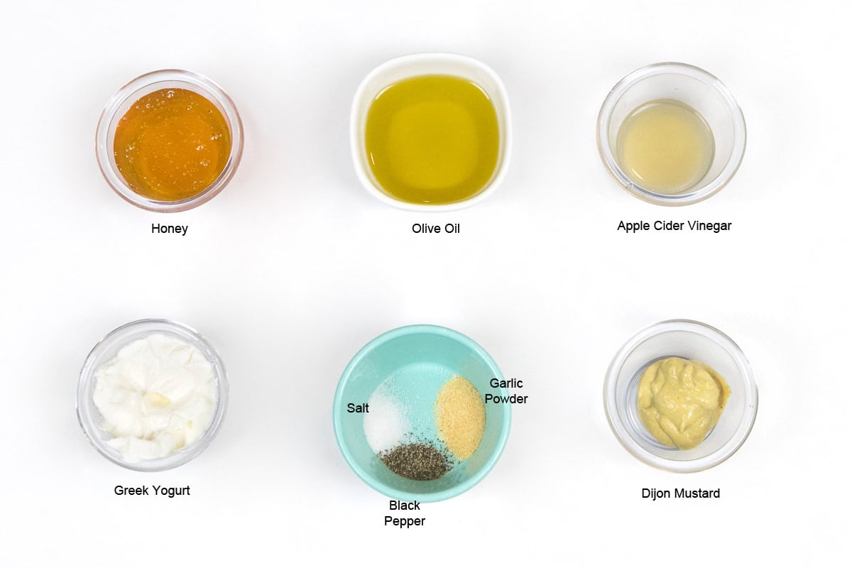 Ingredients for Greek yogurt honey mustard dressing.