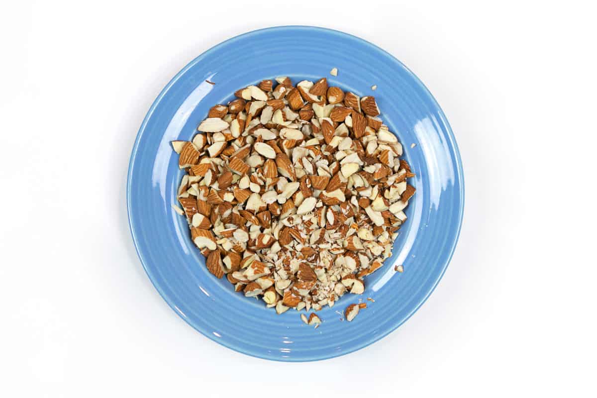 Sliced almonds on a plate.