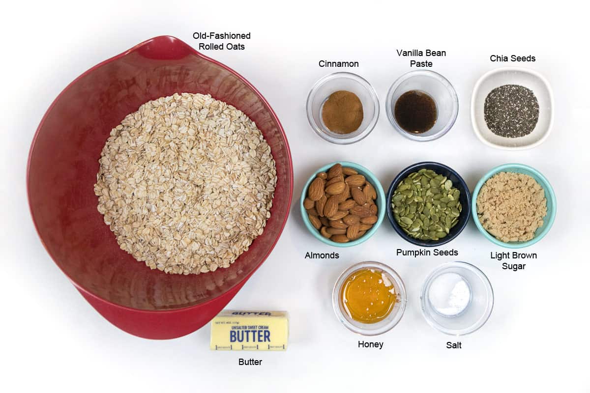 Ingredients for almond granola recipe with honey.