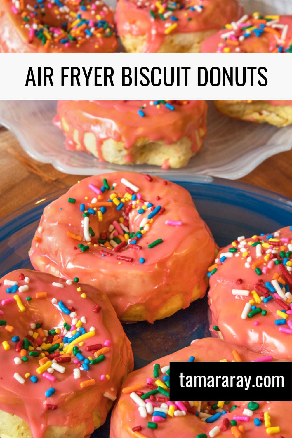 Easy air fryer biscuit donuts with pink icing on a plate.