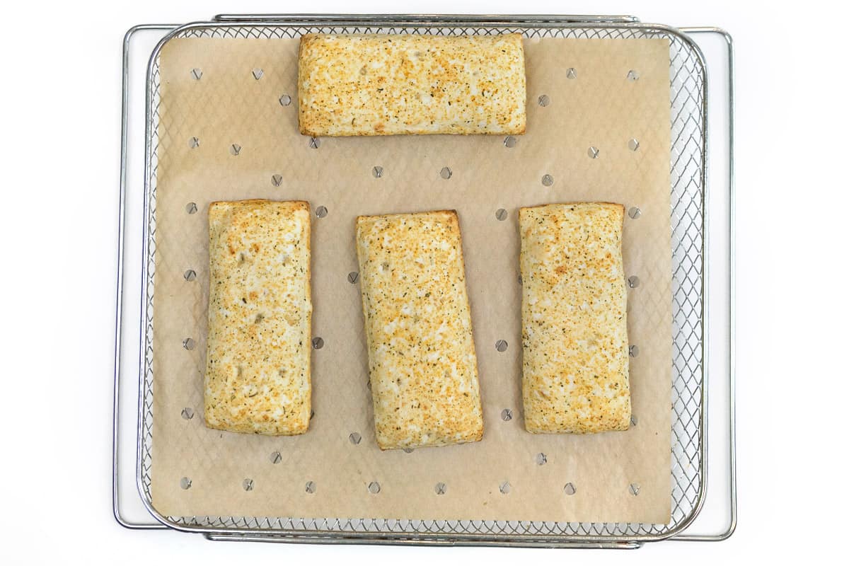  These frozen hot pockets were cooked in the air fryer for fourteen minutes until golden brown.