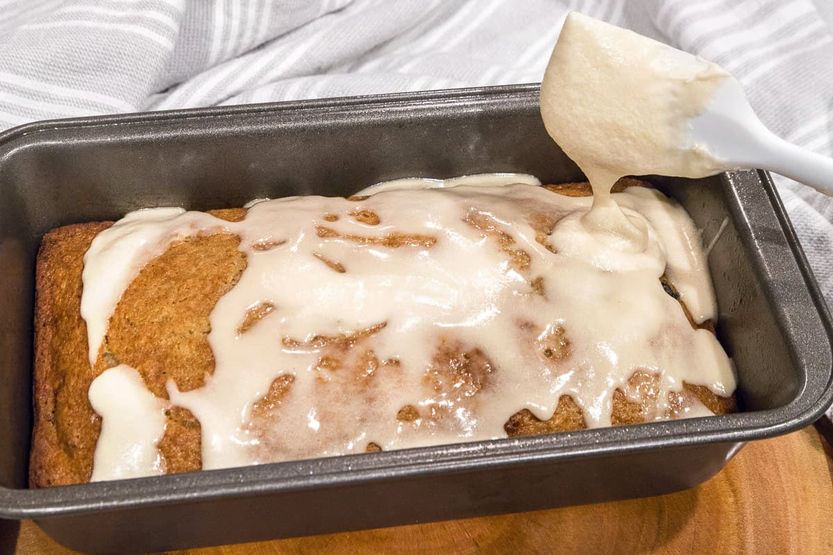 Applesauce spice cake with icing.