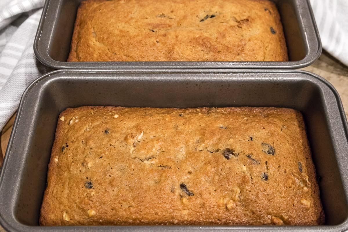 Applesauce cake baked at three hundred and fifty degrees Fahrenheit for forty minutes.