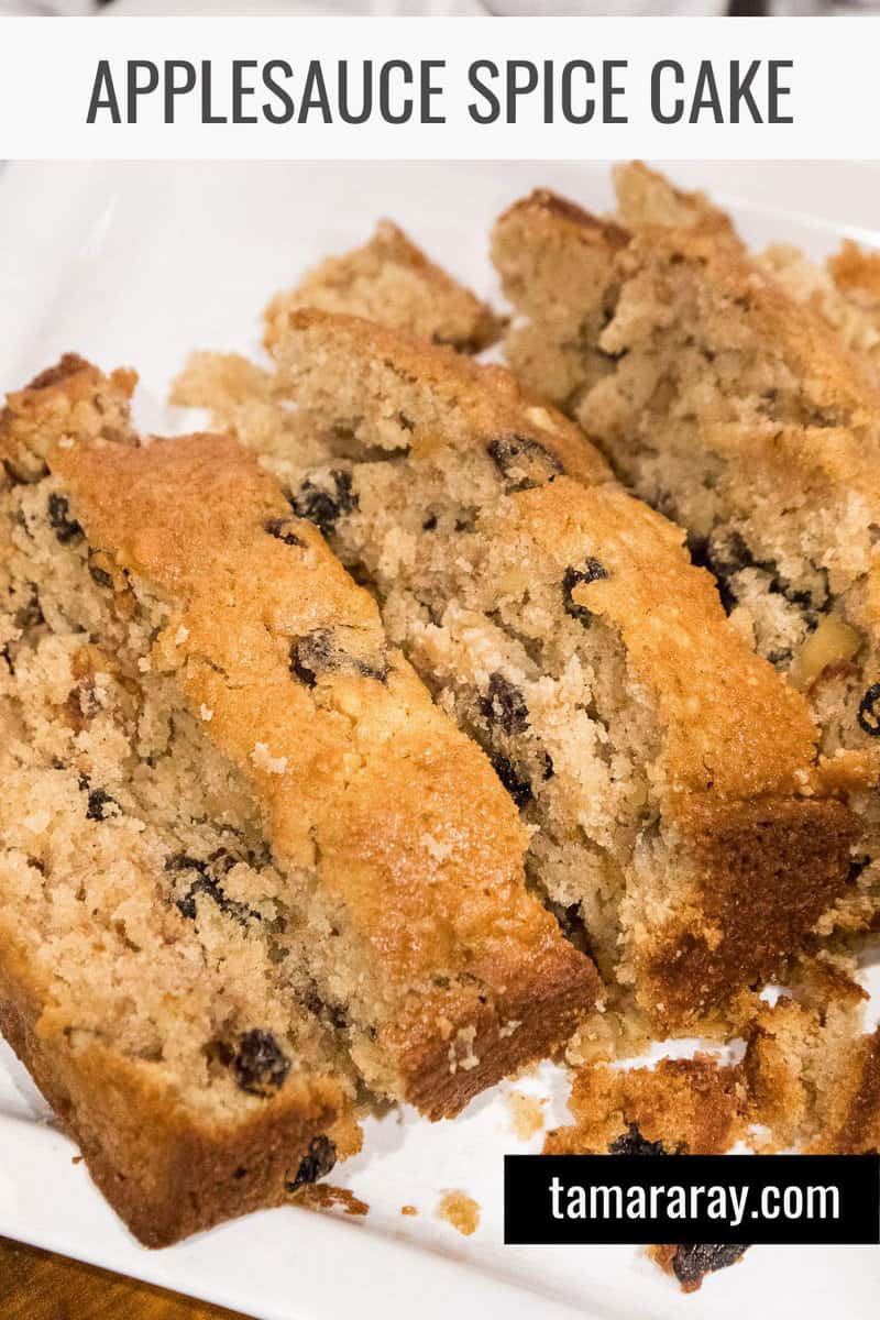 Close up shot of applesauce spice cake for the pin image.