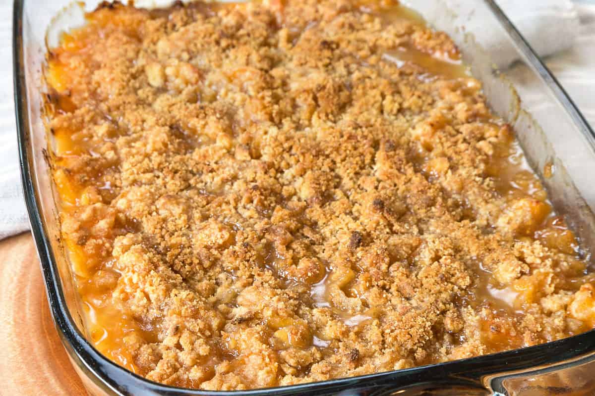 Tart apricot crisp after baking in the oven at four hundred degrees for forty minutes.