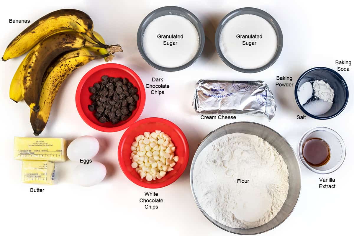 Ingredients for banana bread with cream cheese and chocolate chips.