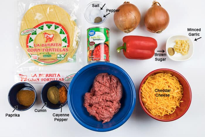 Ingredients for beef enchiladas.