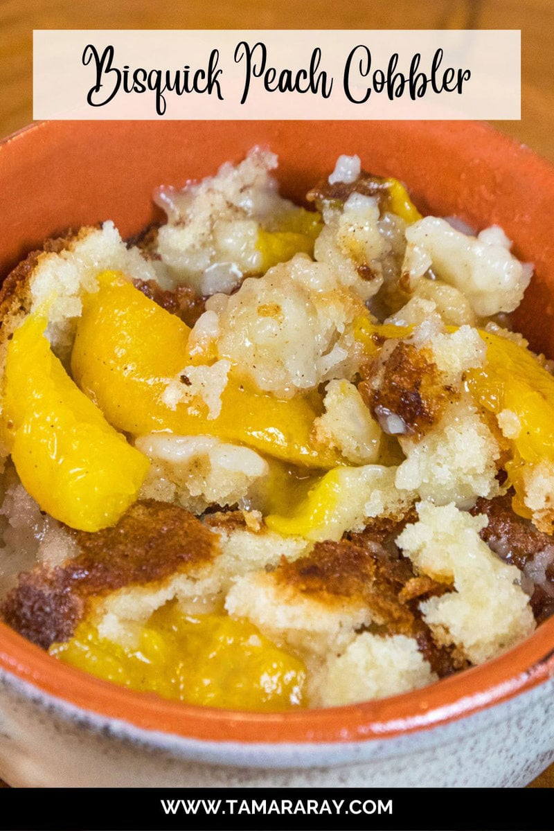 Bisquick peach cobbler in a bowl.