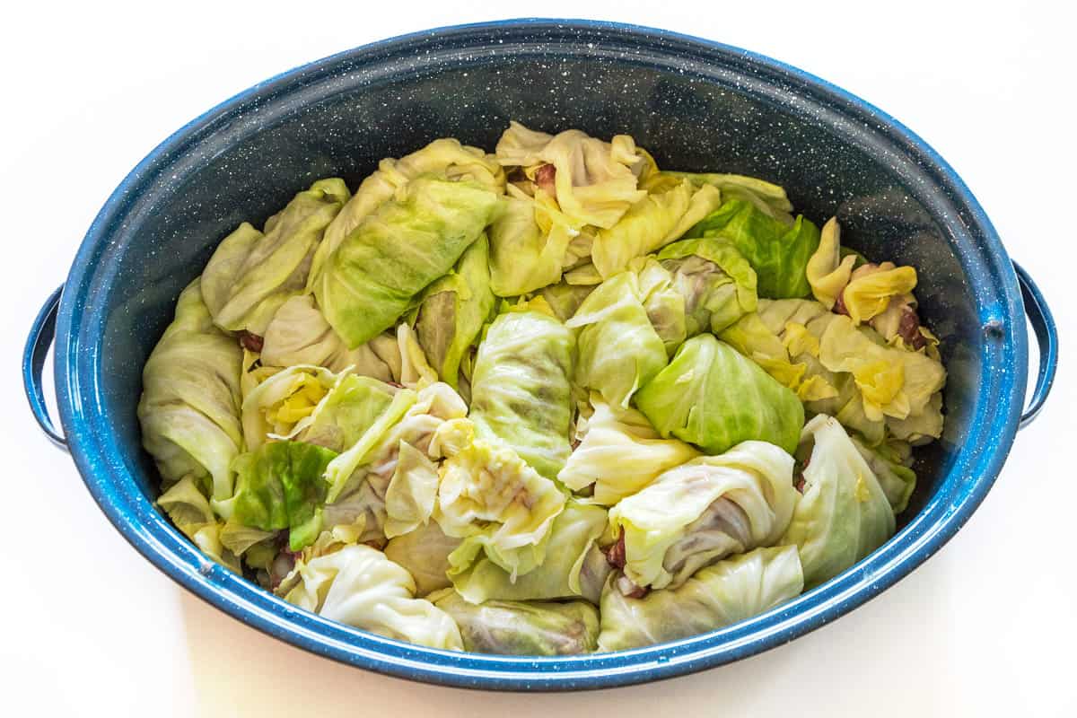 Cabbage rolls in a big pot.