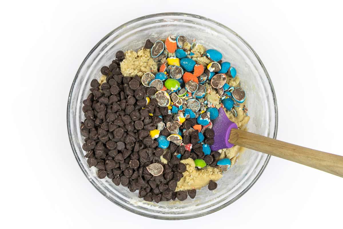 Chocolate chips and mini Cadbury eggs are added to the cookie dough.