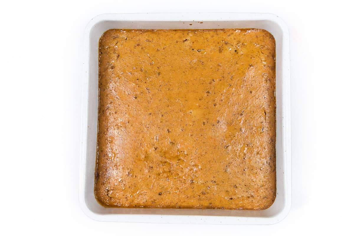 The sweet potato mixture is baked at 350 degrees Fahrenheit for 30 minutes.