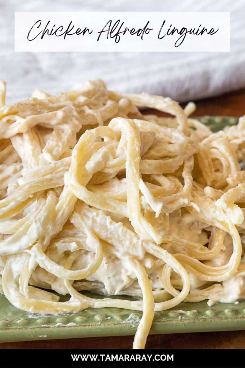 Chicken alfredo linguine on a plate.