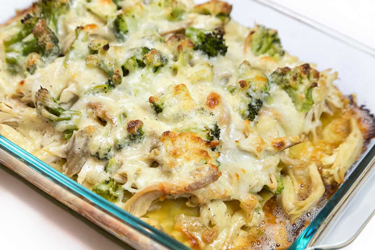 A close-up photo of Chicken and Broccoli Lasagna after it is baked in the oven at three hundred and seventy-five degrees Fahrenheit.