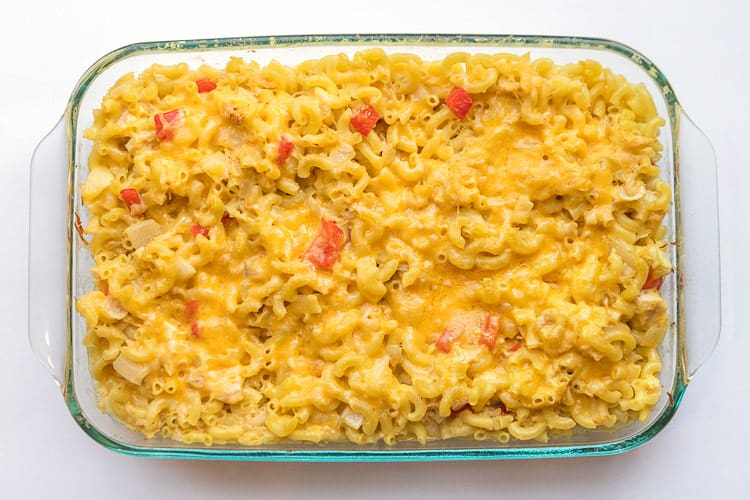 Baked chicken & noodle casserole in a baking dish.