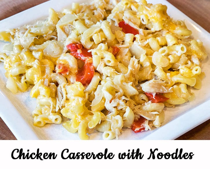Chicken and Casserole with Noodles on a plate.