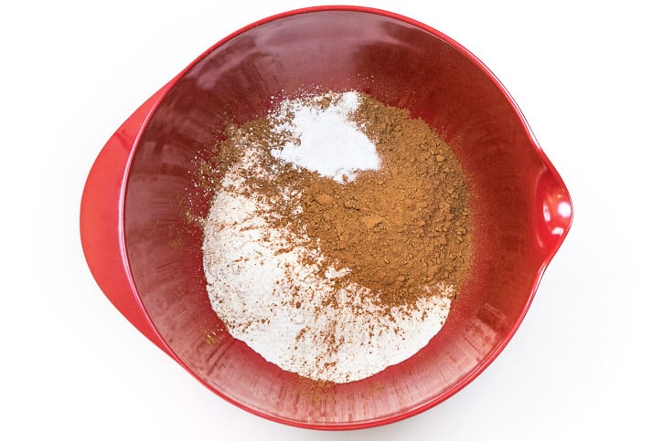 All-purpose flour, unsweetened cocoa powder, table salt, and baking powder in a bowl.