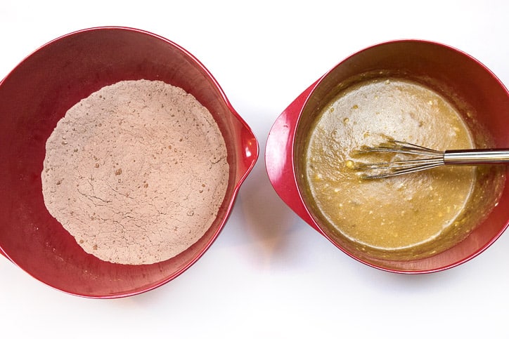 Dry ingredients and wet ingredients in separate bowls.