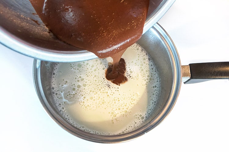 Add cocoa mixture to the hot skim milk mixture. Boil for two minutes, stirring constantly.