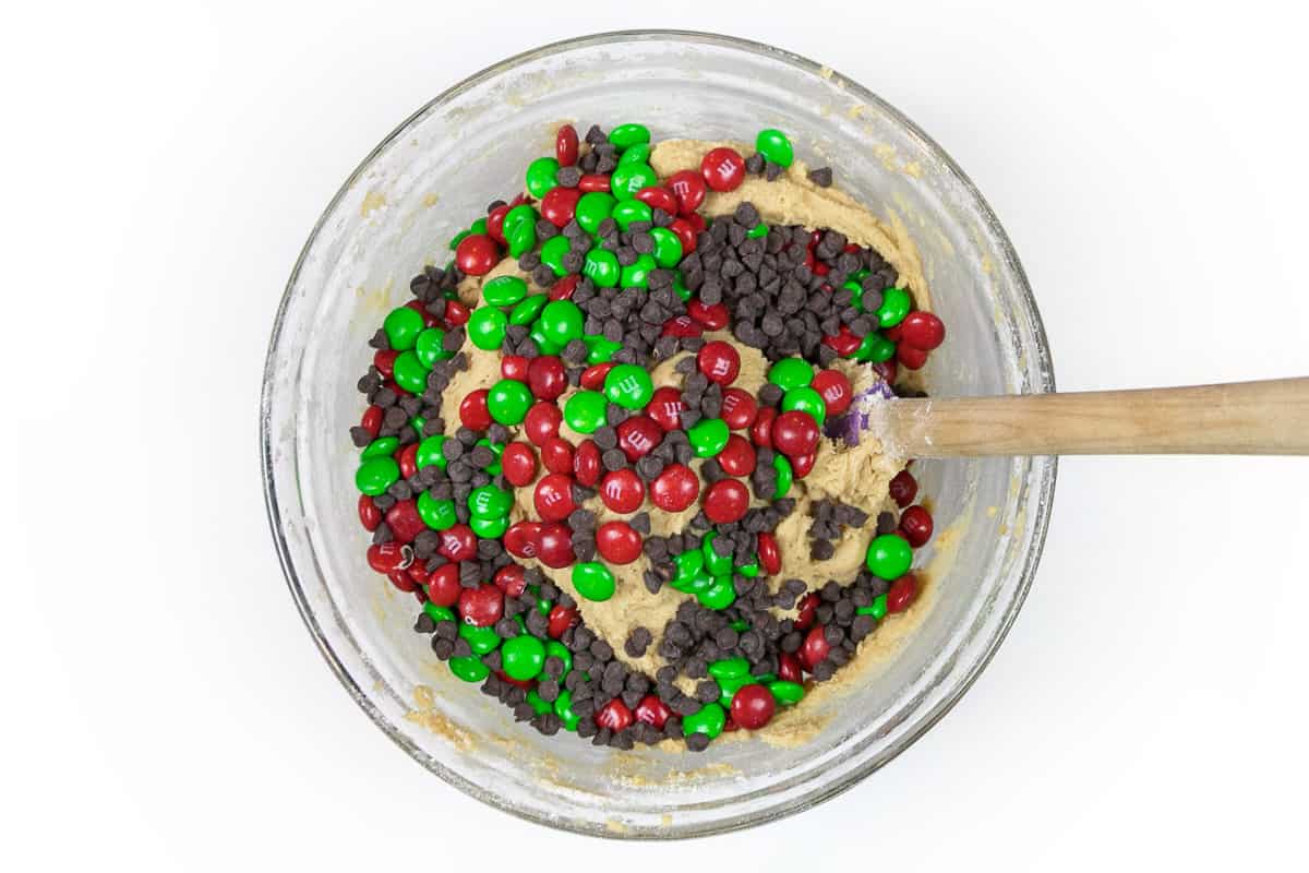 The M&M's and mini chocolate chips are added to the cookie dough.