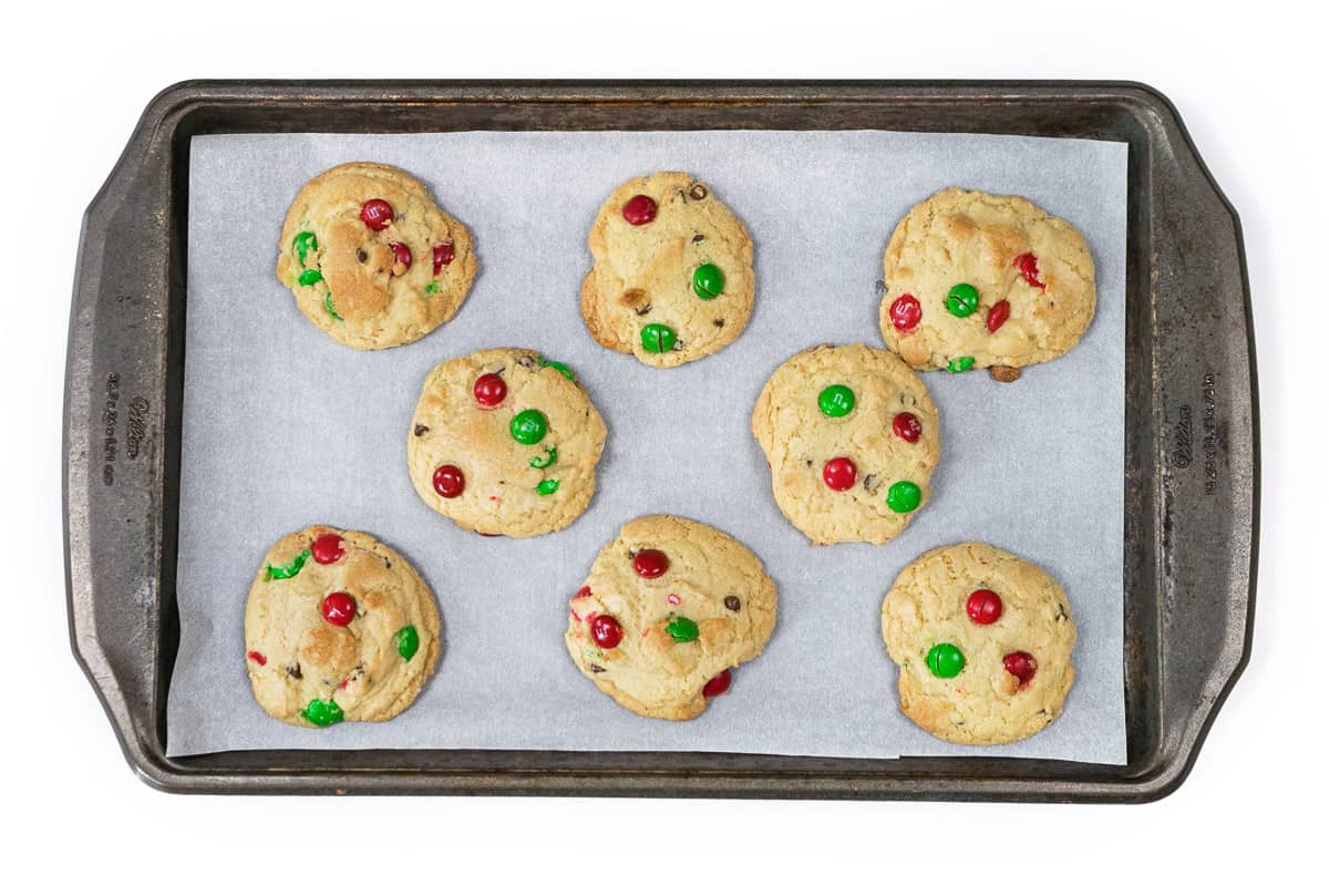 Christmas cookies with M&Ms out of the oven.