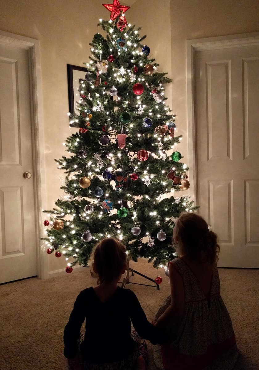 My daughters looking at the lit up Christmas tree. There silhouette is in front.