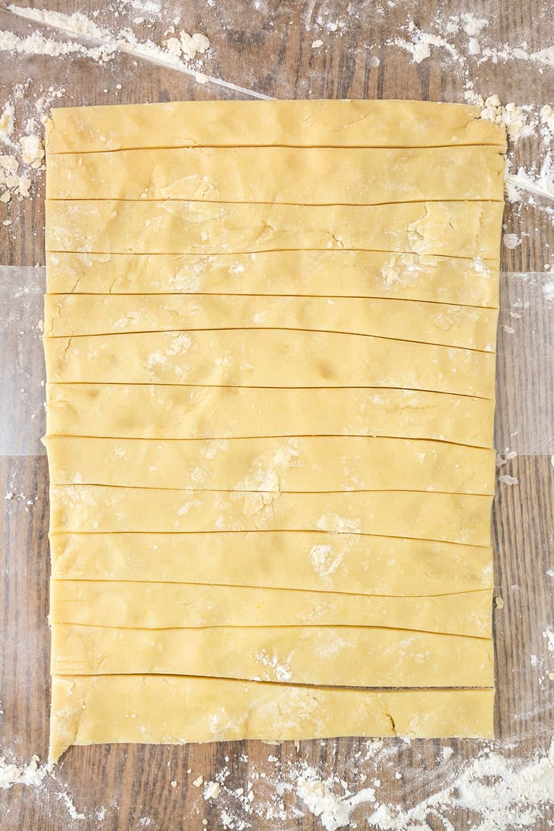The dough is cut into 13 strips.