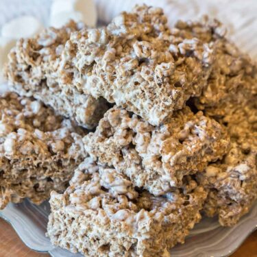 Cocoa Krispie treats recipe close up on a plate.