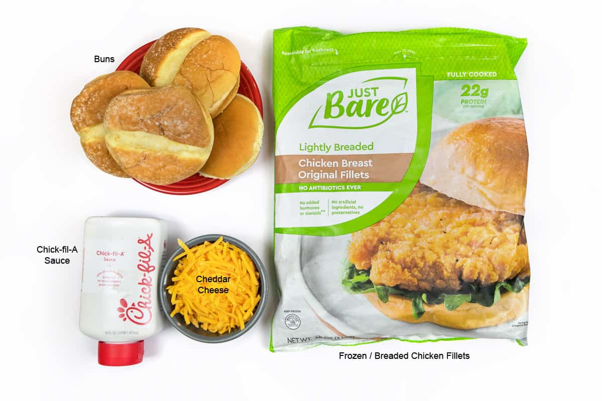 Ingredients for easy copycat Chick-fil-A sandwich made in the air fryer.