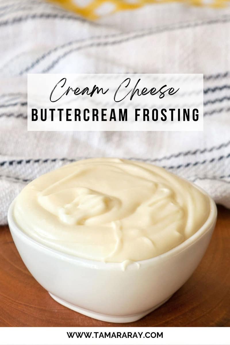 Cream cheese buttercream frosting in a bowl.