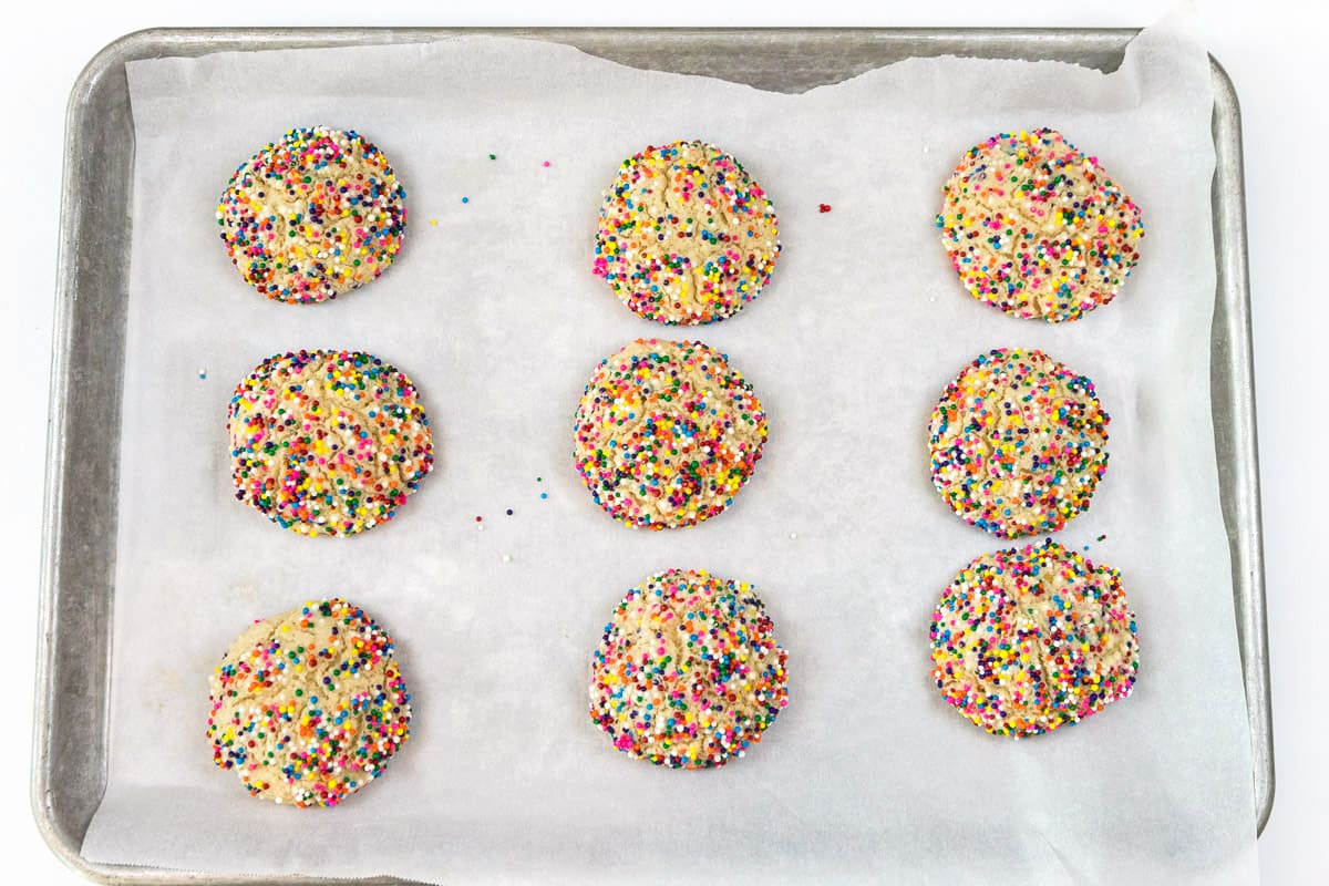 Cream cheese sprinkle cookies after baking in the oven at 350 degrees for 13 minutes.