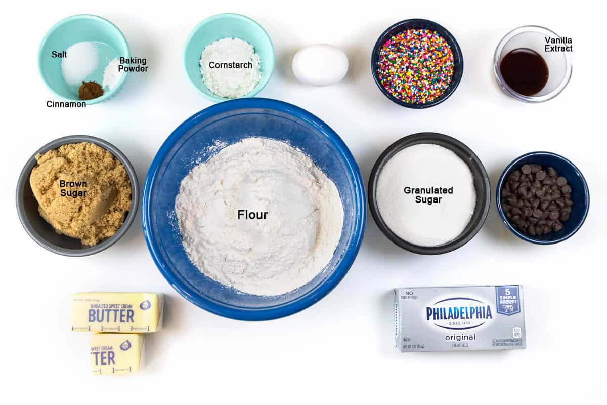 Ingredients for cream cheese sprinkle cookies.